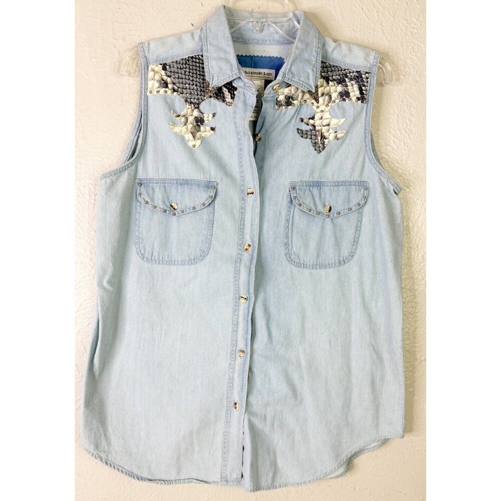 VTG Accessory Lady Large Sleeveless Faux Snake Western Denim Collar Tips Top EUC